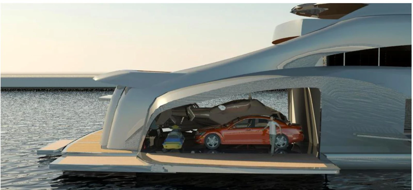 The yacht features a spacious garage with a car and water toys, showcasing its versatility and luxury. aboard THE SEABULL 220 Yacht for Sale