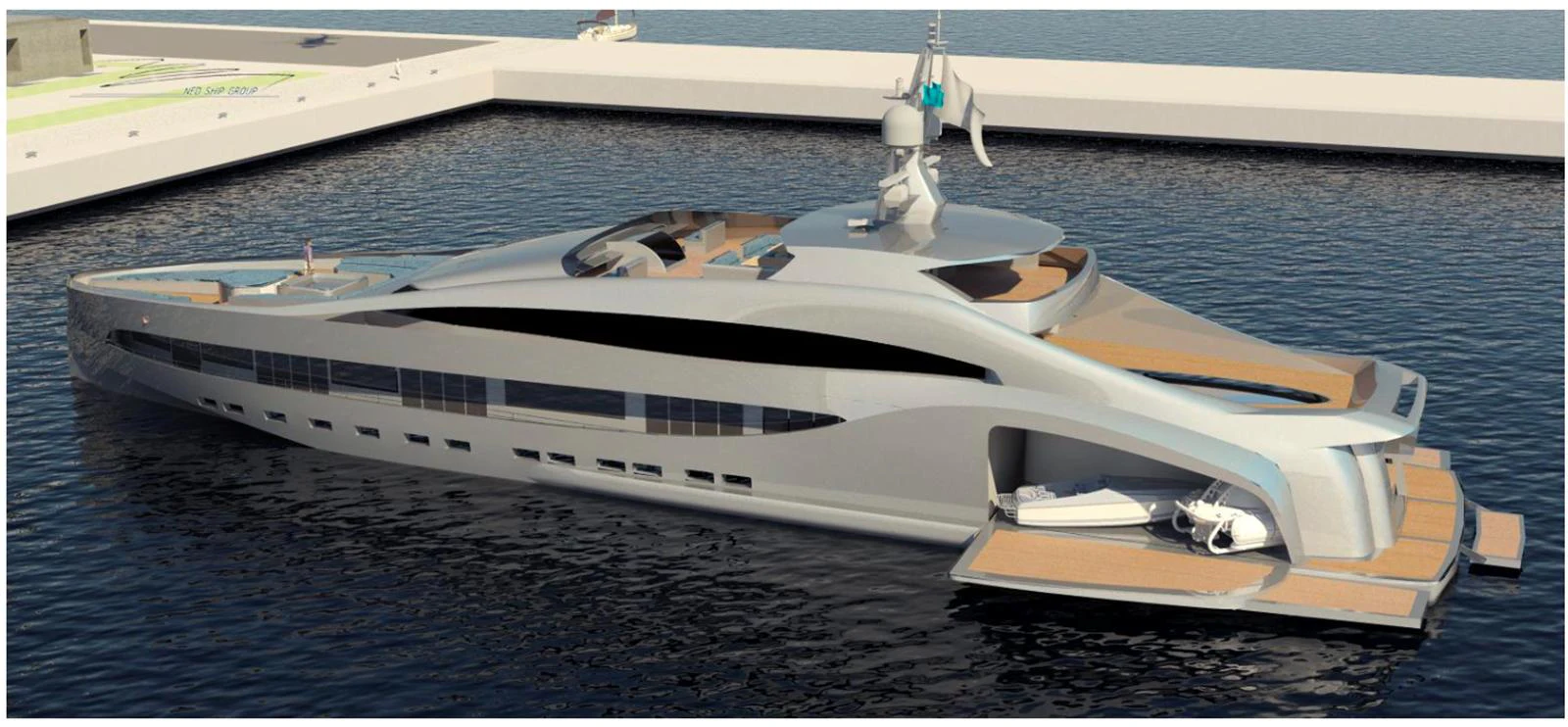 A sleek and modern yacht docked in a marina, showcasing its elegant design and spacious decks. aboard THE SEABULL 220 Yacht for Sale