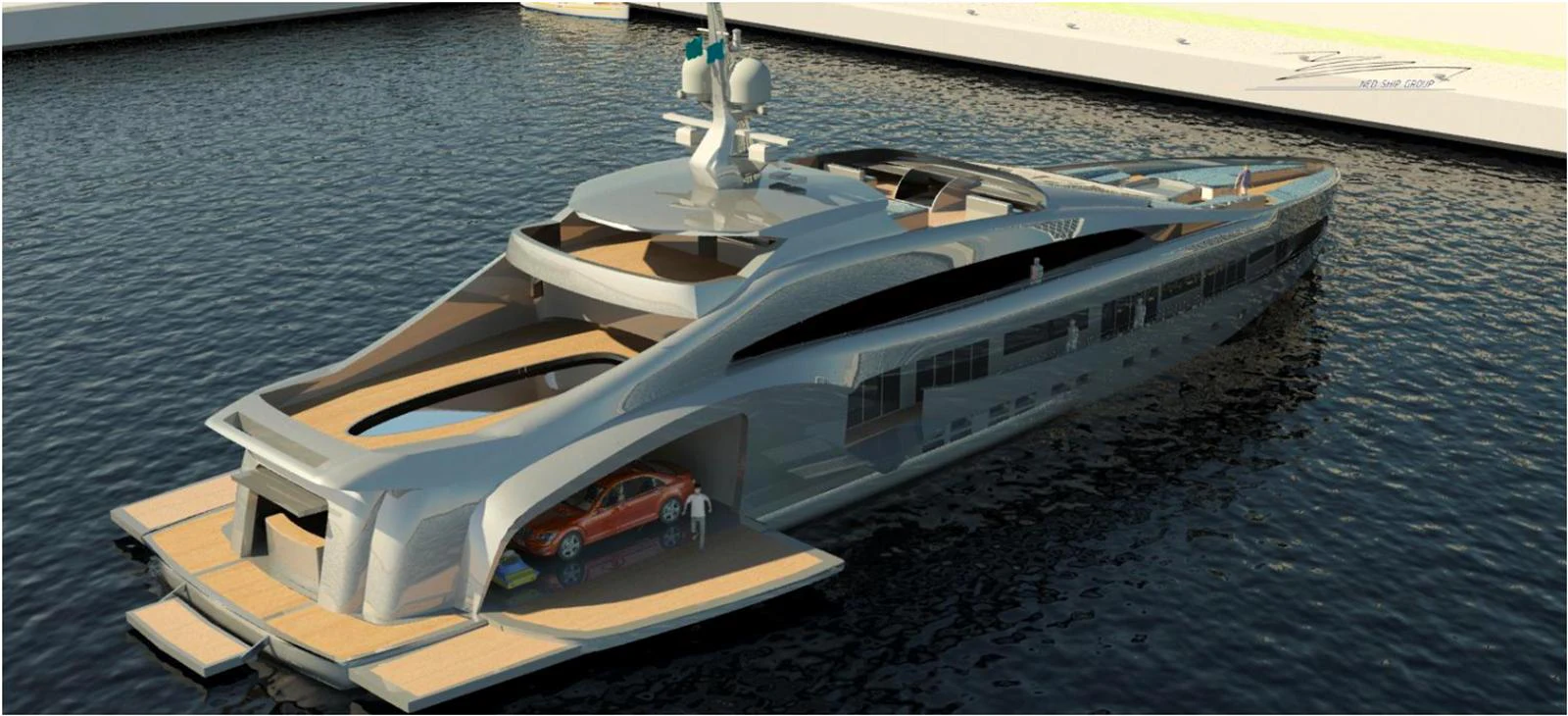 A sleek, modern yacht docked in a marina, featuring a spacious deck and a garage with a car. aboard THE SEABULL 220 Yacht for Sale