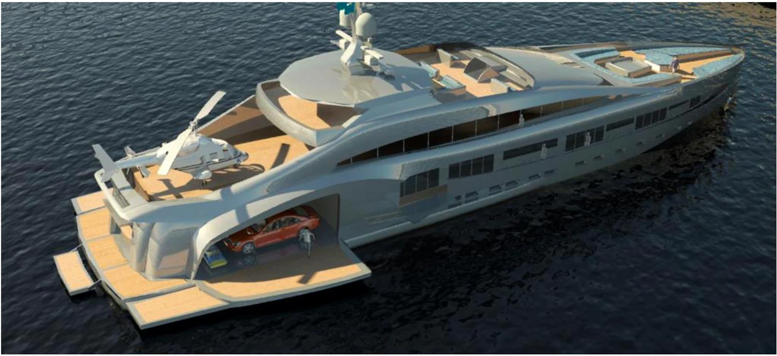 A sleek, modern yacht with a helicopter on the aft deck and a car garage with a luxury car. aboard THE SEABULL 220 Yacht for Sale