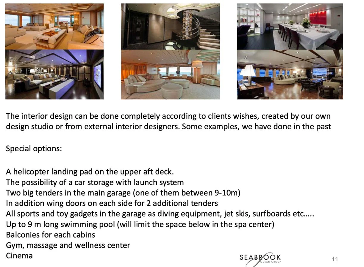 The image showcases various luxurious interior spaces and amenities available on the yacht, emphasizing customization options for clients. aboard THE SEABULL 220 Yacht for Sale