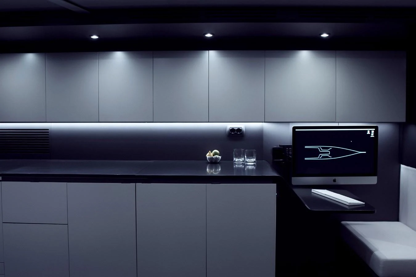 A sleek and modern galley with minimalist design and high-tech amenities. aboard BULLITT Yacht for Sale