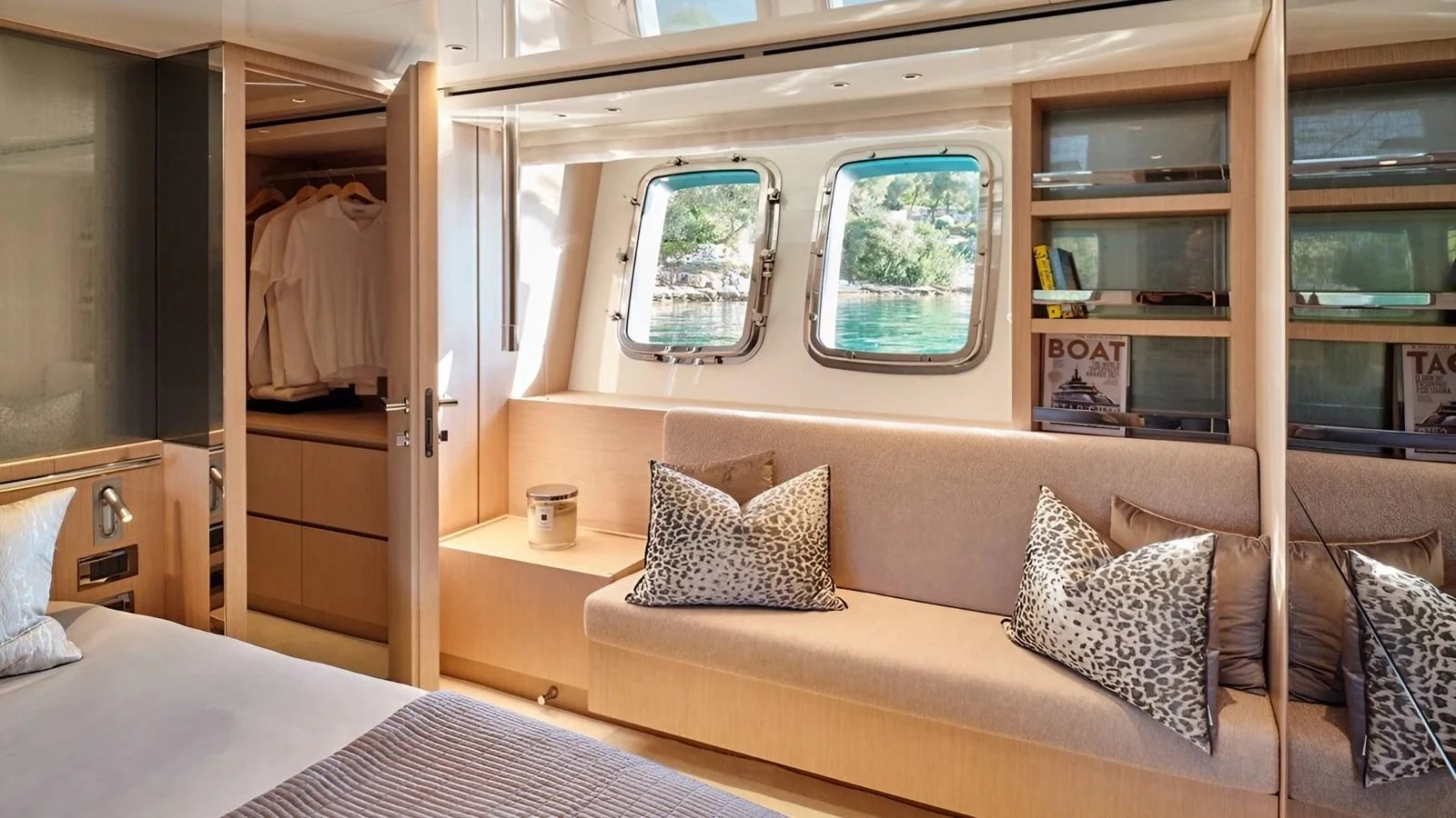 A luxurious stateroom featuring a cozy seating area and large windows with scenic views. aboard SAHASA I Yacht for Sale
