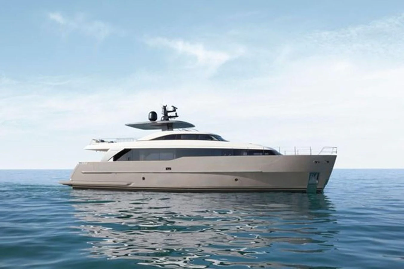 A sleek and modern yacht cruising on calm waters under a clear sky. aboard 2025 SANLORENZO SD90 #180 Yacht for Sale