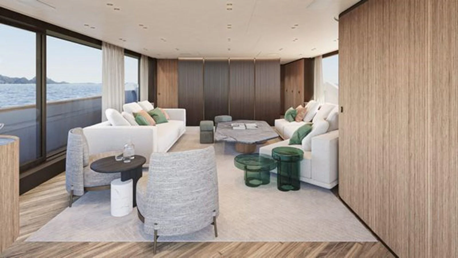 The salon features elegant seating with panoramic windows offering stunning ocean views. aboard 2025 SANLORENZO SD90 #180 Yacht for Sale