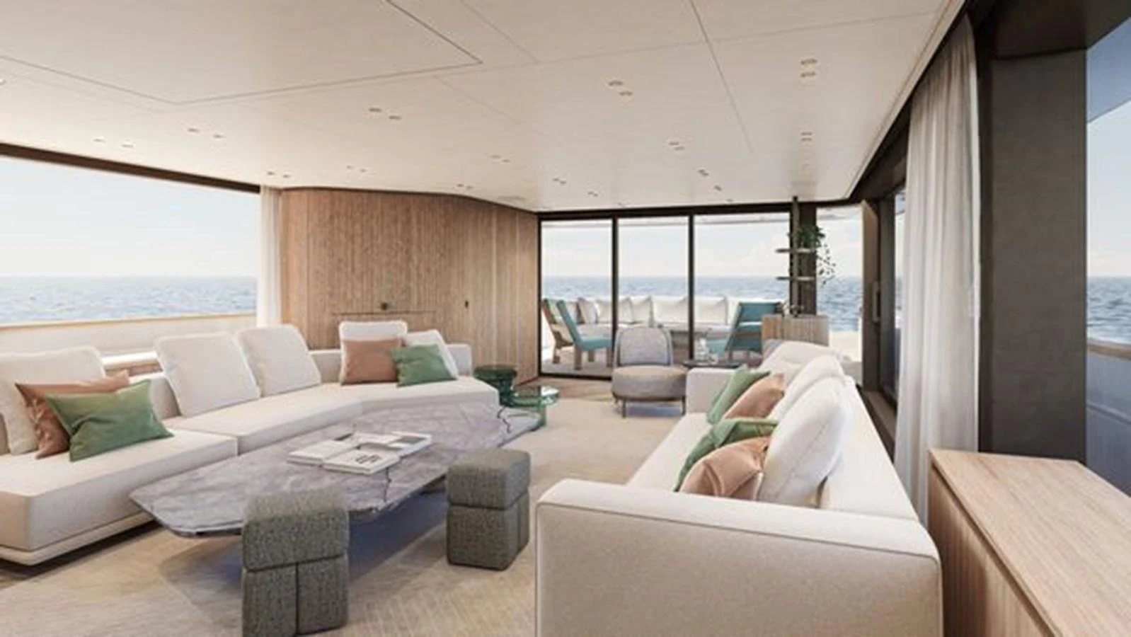 The salon offers a spacious and elegantly designed living area with panoramic ocean views. aboard 2025 SANLORENZO SD90 #180 Yacht for Sale
