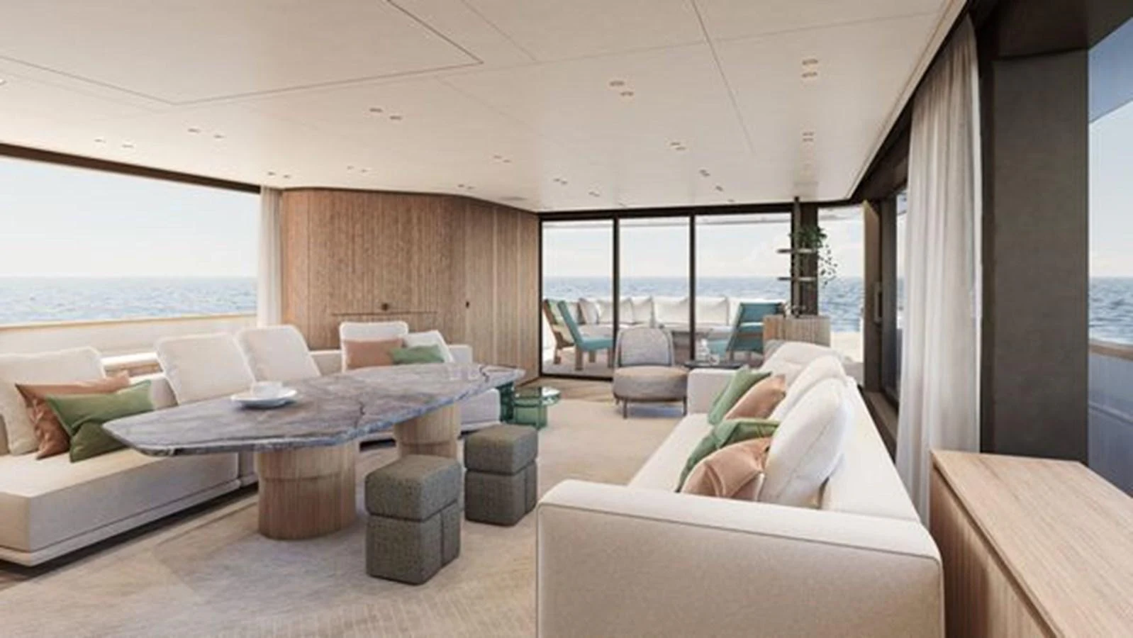 The salon offers a spacious and elegantly designed area with panoramic ocean views. aboard 2025 SANLORENZO SD90 #180 Yacht for Sale
