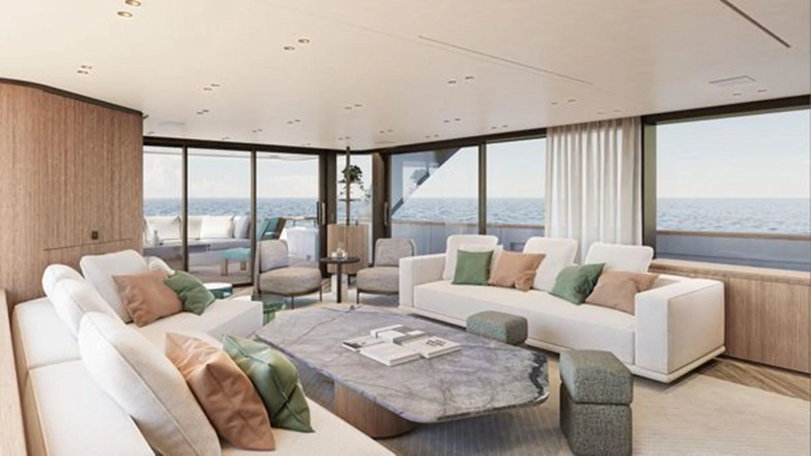 The salon features luxurious seating with panoramic ocean views. aboard 2025 SANLORENZO SD90 #180 Yacht for Sale