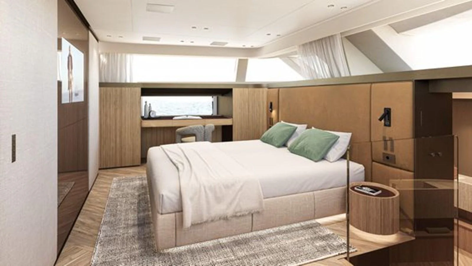 The master stateroom features a spacious bed, modern furnishings, and a serene ambiance. aboard 2025 SANLORENZO SD90 #180 Yacht for Sale