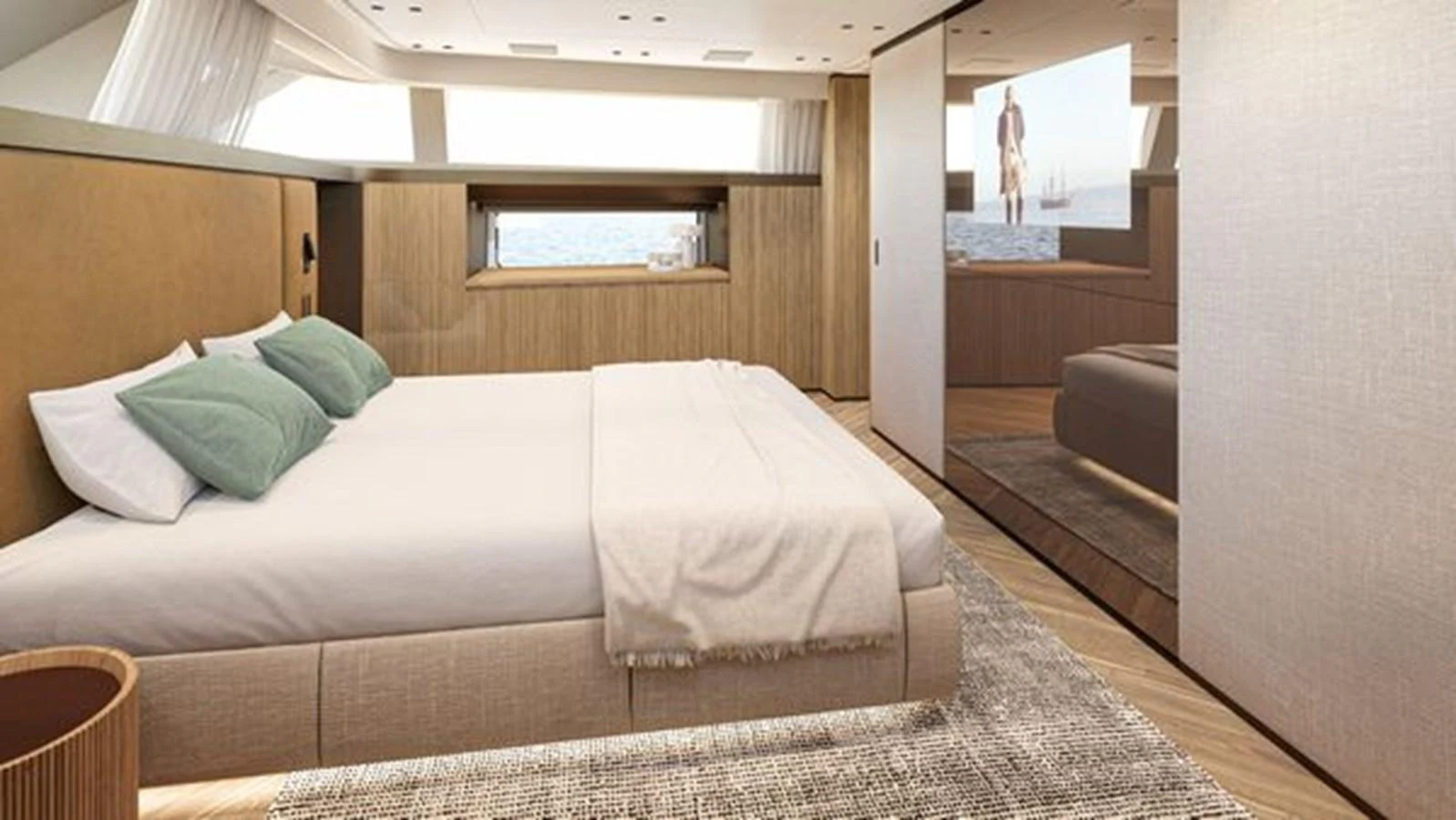 The master stateroom features a spacious bed with elegant decor and ample natural light. aboard 2025 SANLORENZO SD90 #180 Yacht for Sale