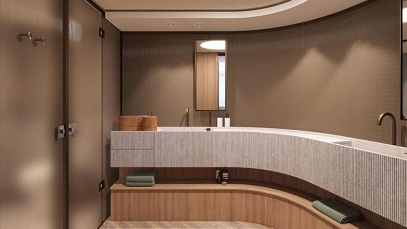 The yacht's bathroom features a sleek, modern design with elegant fixtures and ample storage space. aboard 2025 SANLORENZO SD90 #180 Yacht for Sale