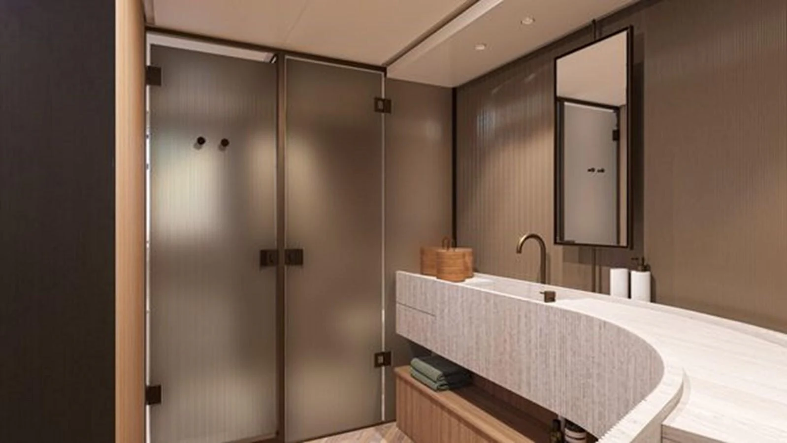 The yacht's bathroom features a sleek, modern design with a spacious countertop and elegant fixtures. aboard 2025 SANLORENZO SD90 #180 Yacht for Sale