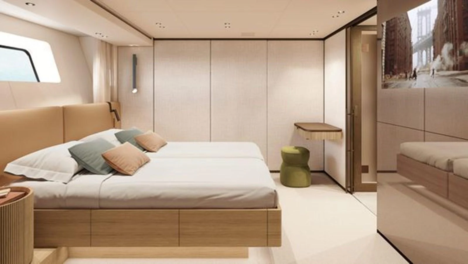 A luxurious stateroom with twin beds and modern decor. aboard 2025 SANLORENZO SD90 #180 Yacht for Sale