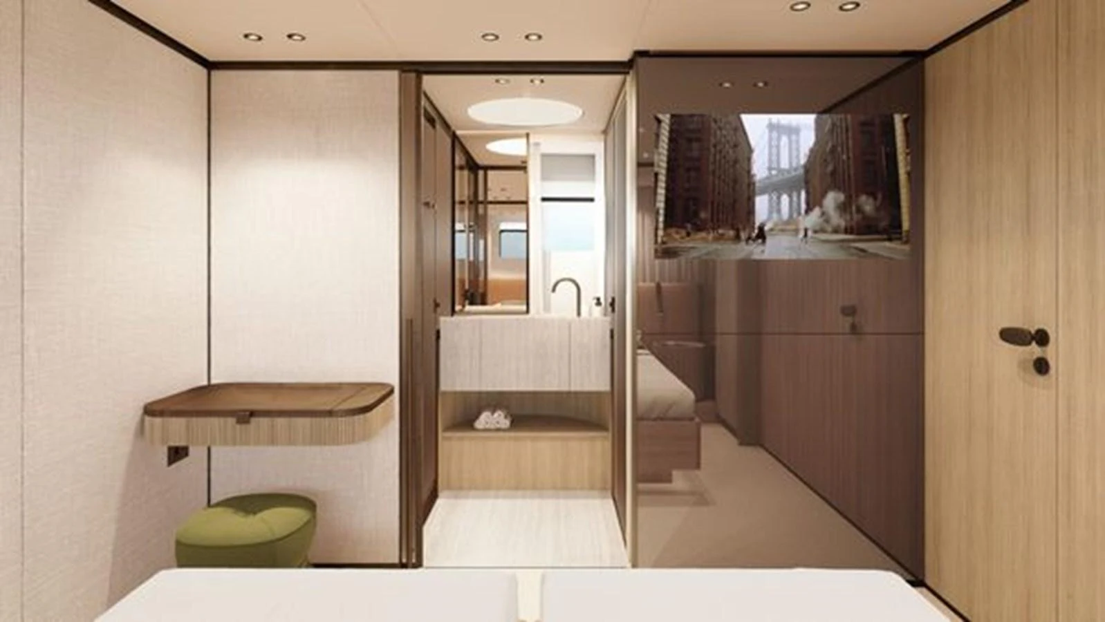 The stateroom features a modern design with wood accents and a comfortable ambiance. aboard 2025 SANLORENZO SD90 #180 Yacht for Sale