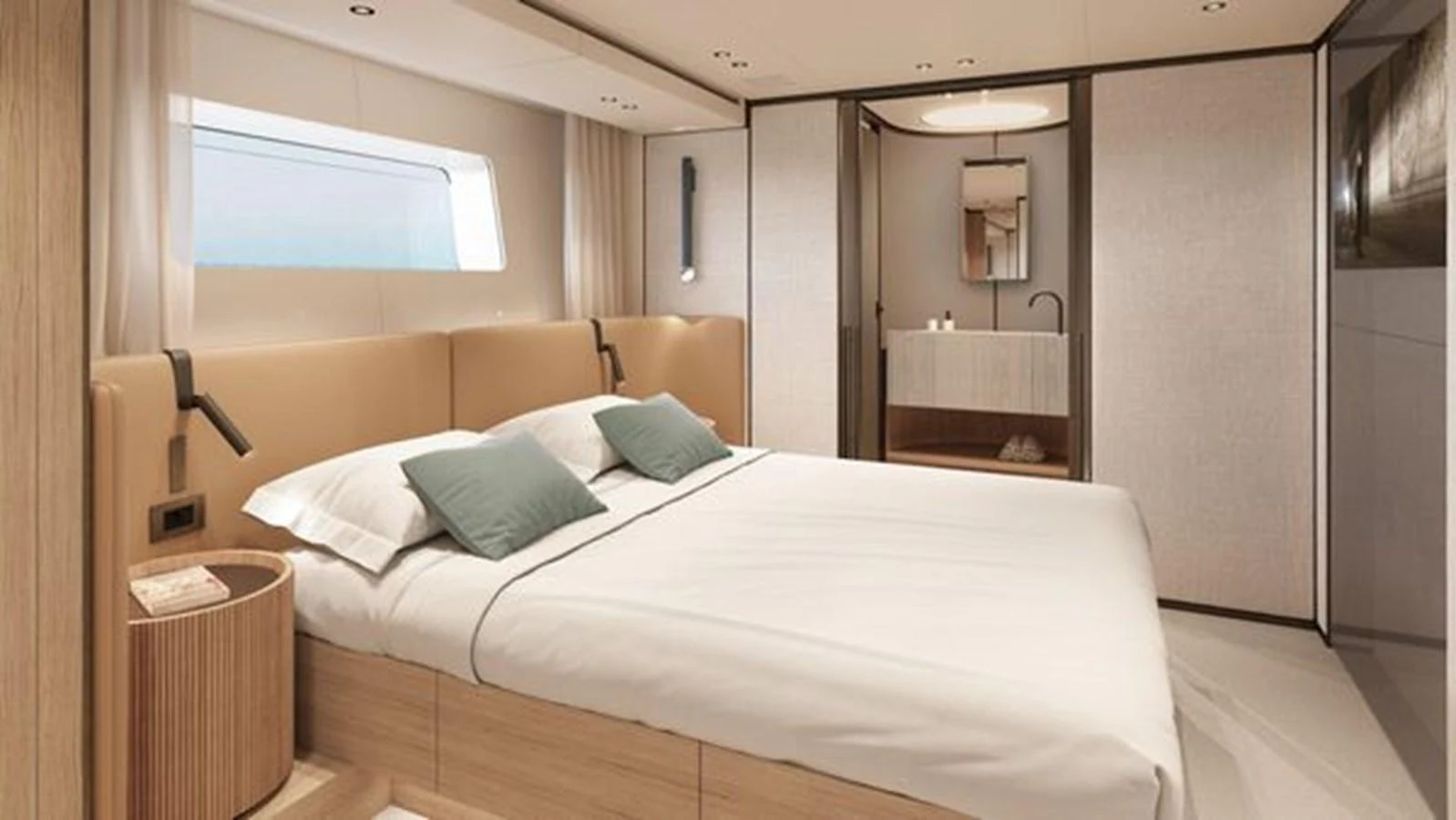 The stateroom features a luxurious bed with elegant furnishings and a serene ambiance. aboard 2025 SANLORENZO SD90 #180 Yacht for Sale