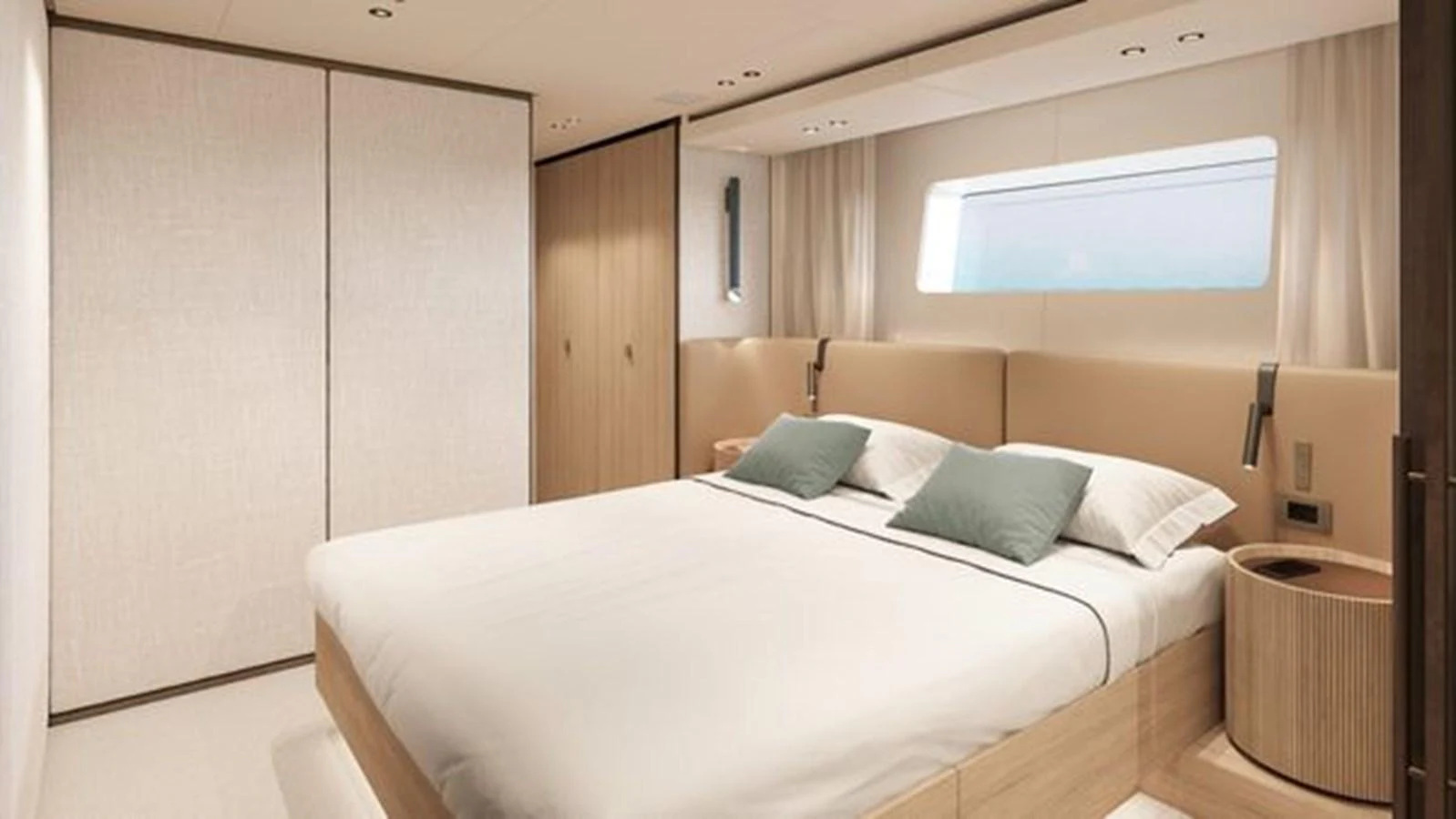 The stateroom features a spacious bed with elegant, modern furnishings and ample natural light. aboard 2025 SANLORENZO SD90 #180 Yacht for Sale