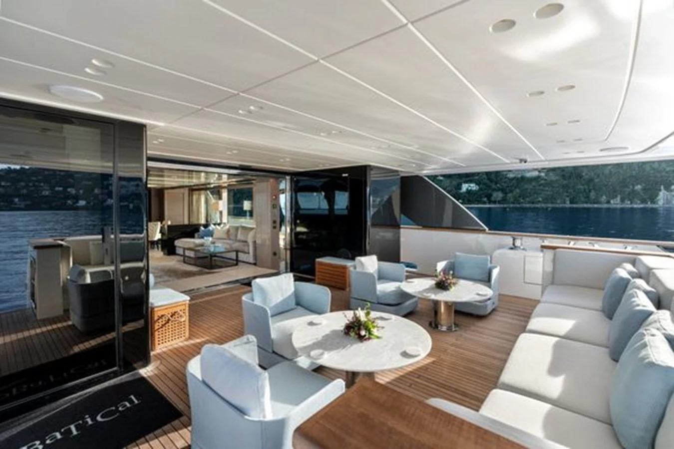 The aft deck offers a spacious and inviting area for relaxation and socializing with comfortable seating and stunning views. aboard 2022 SANLORENZO SD118 Yacht for Sale