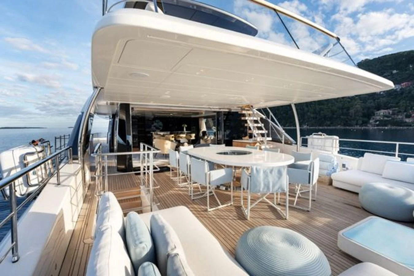 The aft deck offers a spacious and luxurious outdoor living area with ample seating and dining options. aboard 2022 SANLORENZO SD118 Yacht for Sale