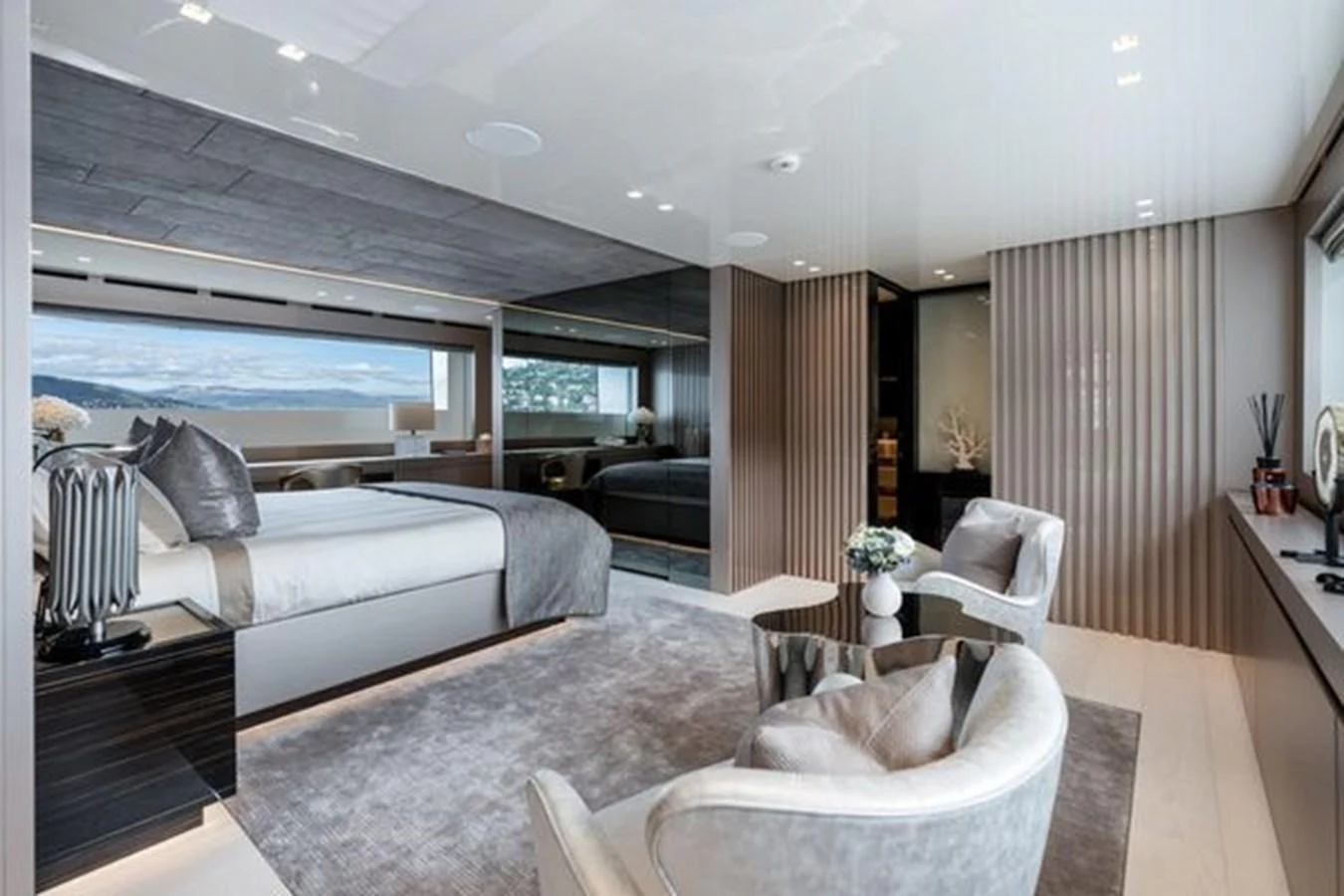 The master stateroom offers a luxurious and spacious retreat with elegant furnishings and panoramic views. aboard 2022 SANLORENZO SD118 Yacht for Sale