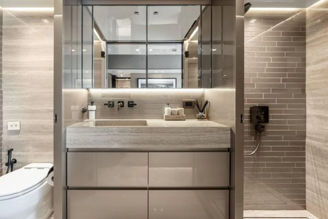A modern bathroom featuring sleek fixtures and a spacious shower area. aboard 2022 SANLORENZO SD118 Yacht for Sale