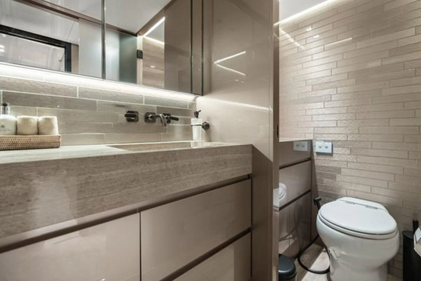 The yacht's bathroom features modern fixtures and elegant design. aboard 2022 SANLORENZO SD118 Yacht for Sale