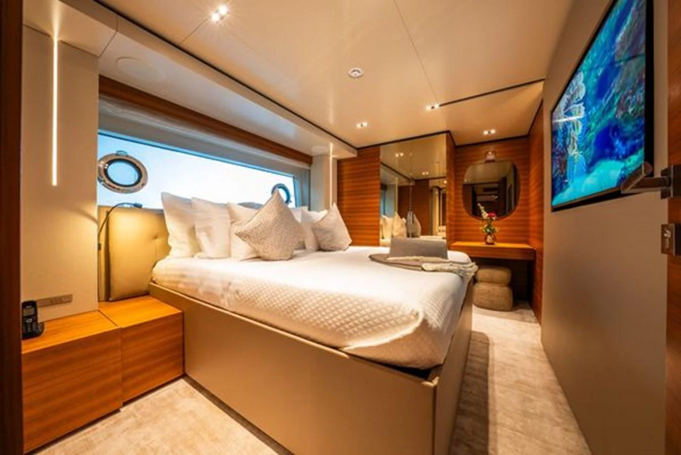 a room with two beds aboard SK Yacht for Sale