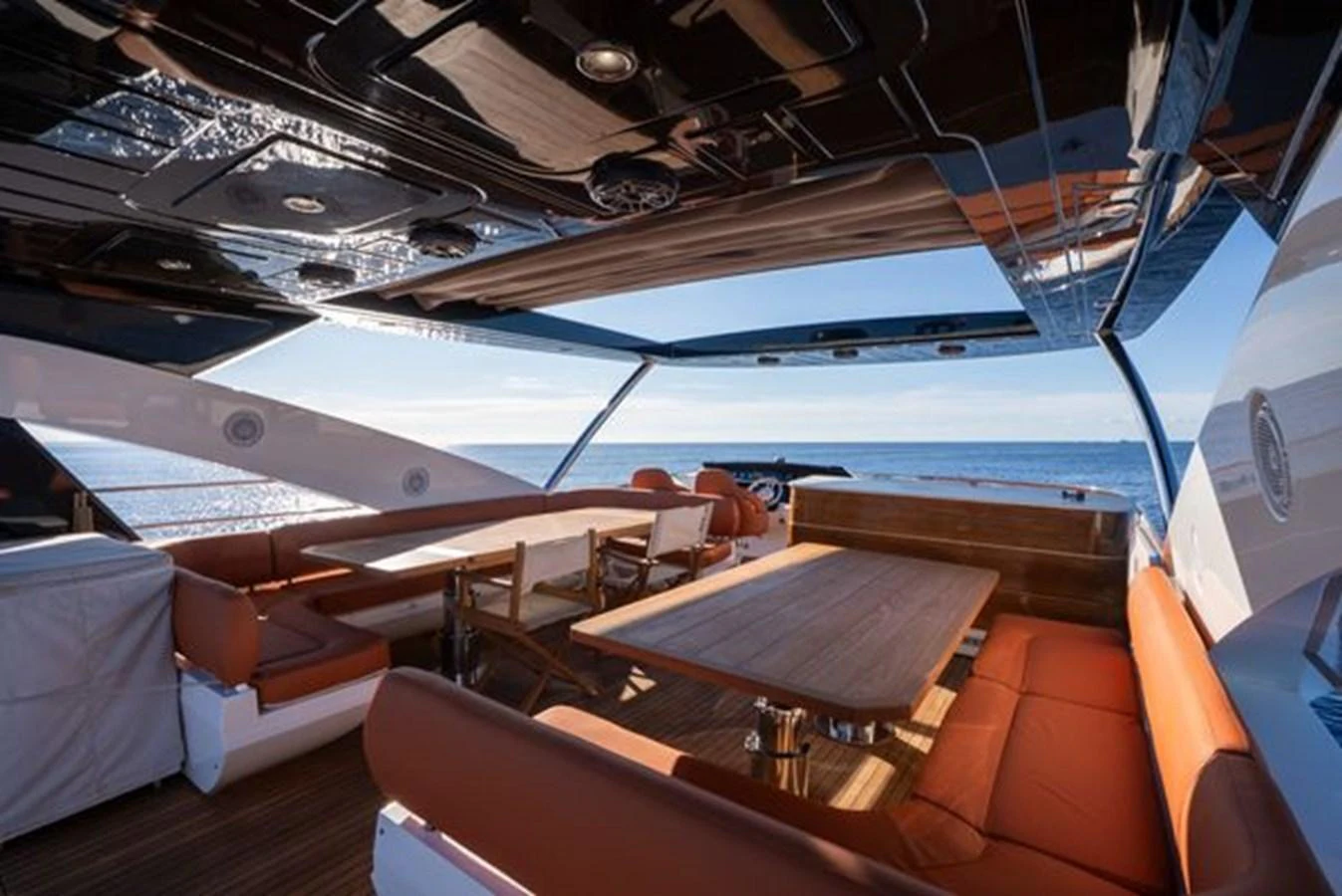 The aft deck features a spacious seating area with tables, perfect for outdoor dining and relaxation. aboard 2015 SUNSEEKER 28M RIII Yacht for Sale