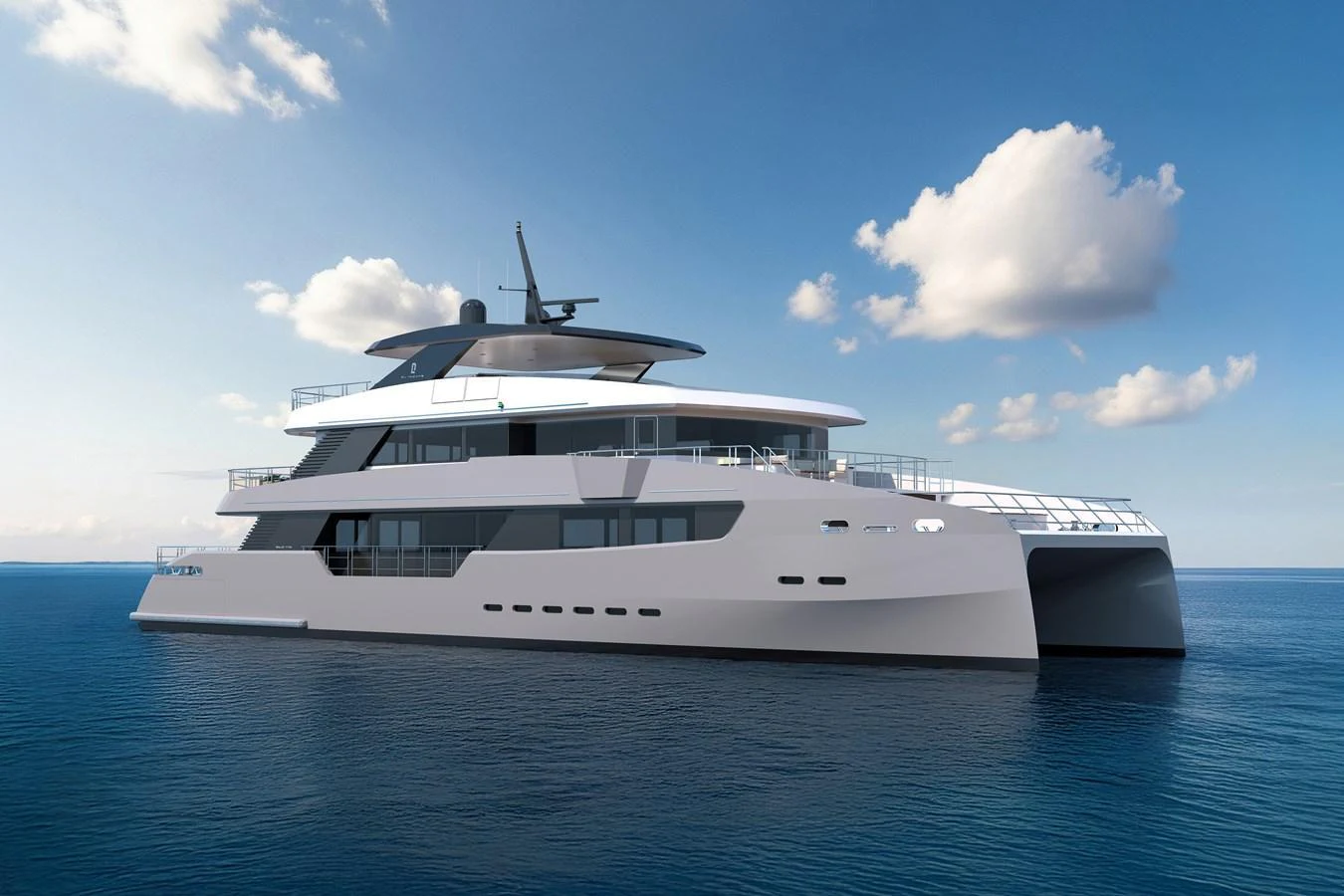 A sleek and modern yacht glides gracefully on calm waters under a clear blue sky. aboard CLC115 Yacht for Sale