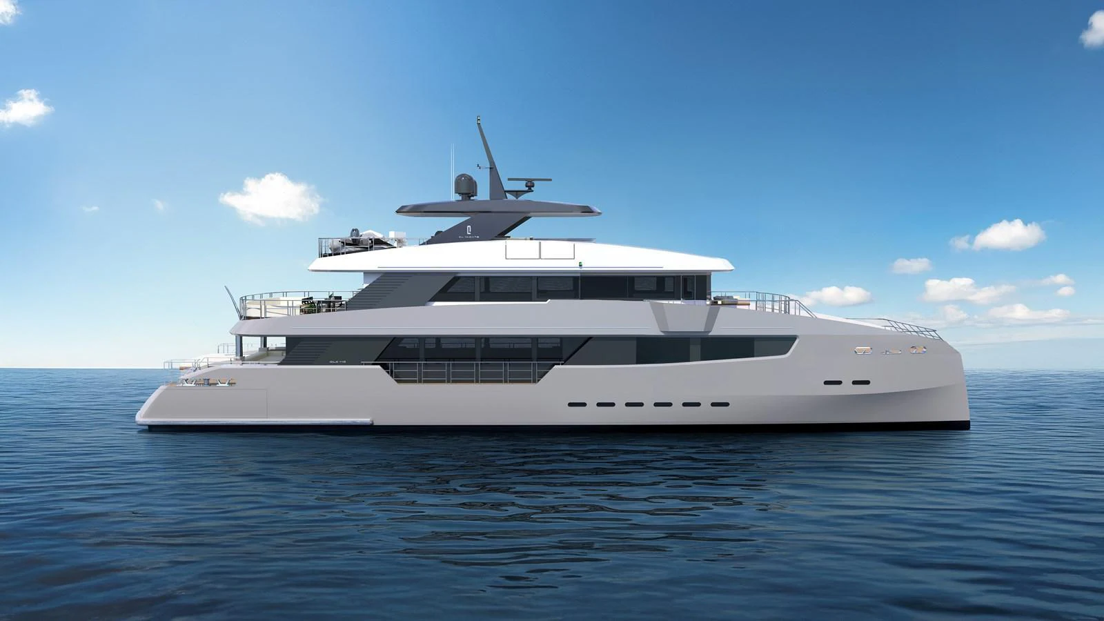 A sleek and modern yacht cruising on calm waters under a clear sky. aboard CLC115 Yacht for Sale