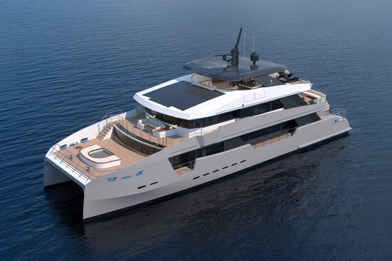 A sleek and modern yacht glides gracefully on calm waters, showcasing its luxurious design and spacious decks. aboard CLC115 Yacht for Sale