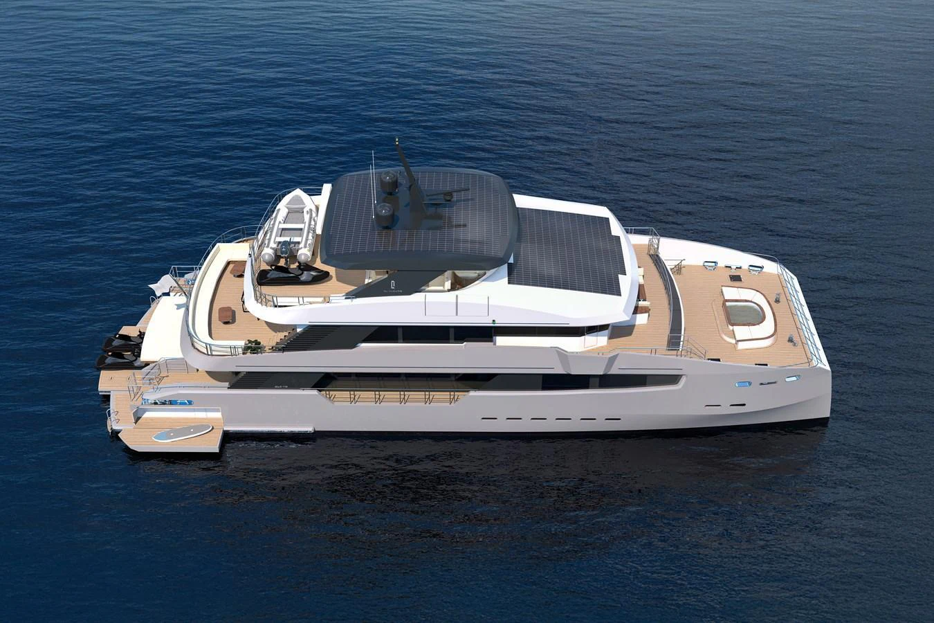 A sleek and modern yacht with multiple decks and luxurious amenities cruising on calm waters. aboard CLC115 Yacht for Sale
