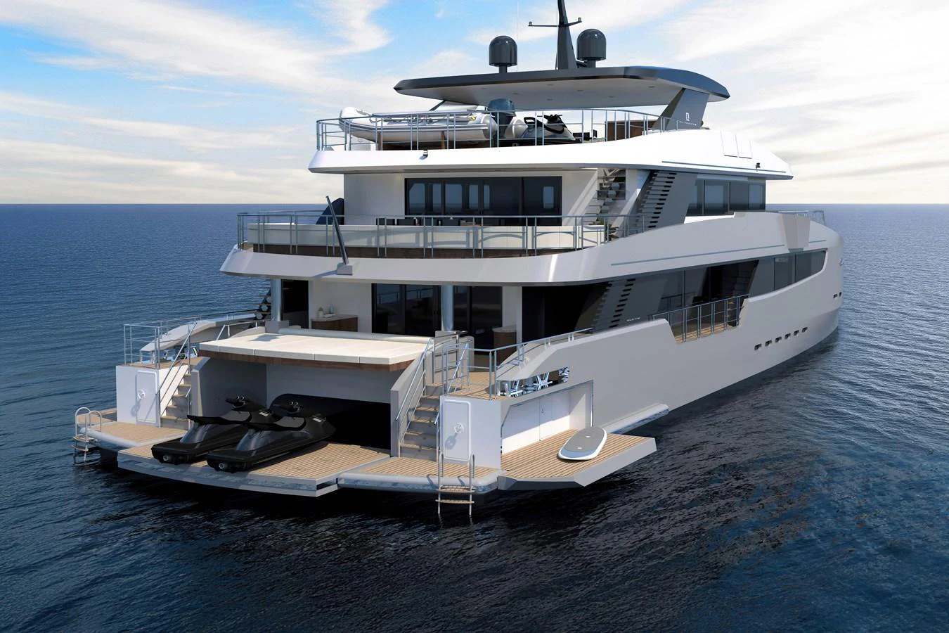 A luxurious yacht with an expansive aft deck featuring a garage with water toys. aboard CLC115 Yacht for Sale
