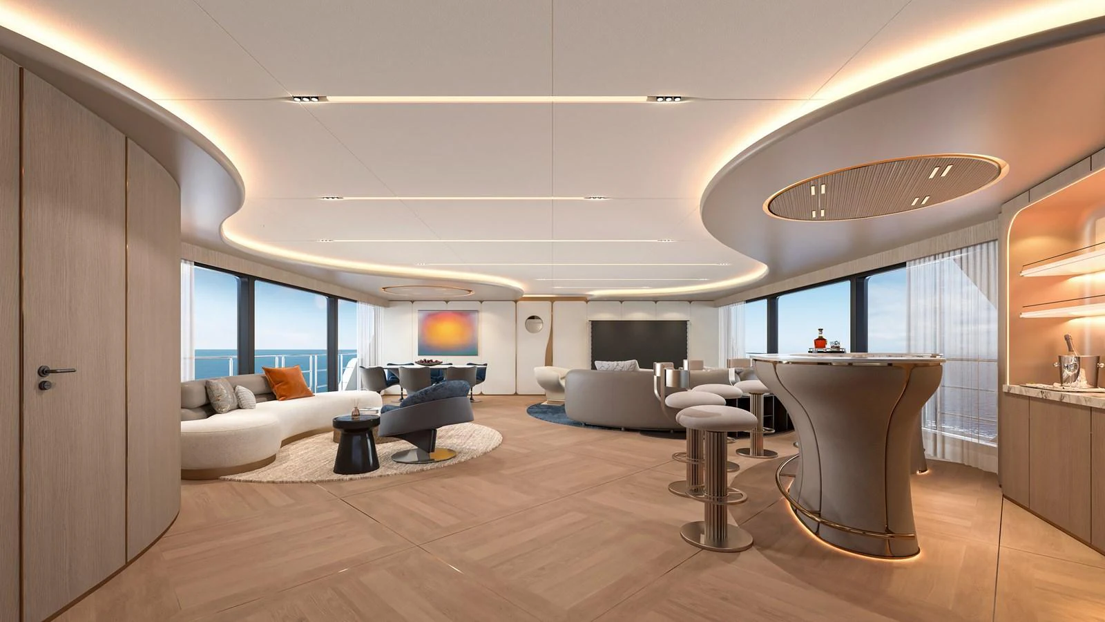The spacious salon features modern furnishings and panoramic windows, creating an inviting and luxurious atmosphere. aboard CLC115 Yacht for Sale