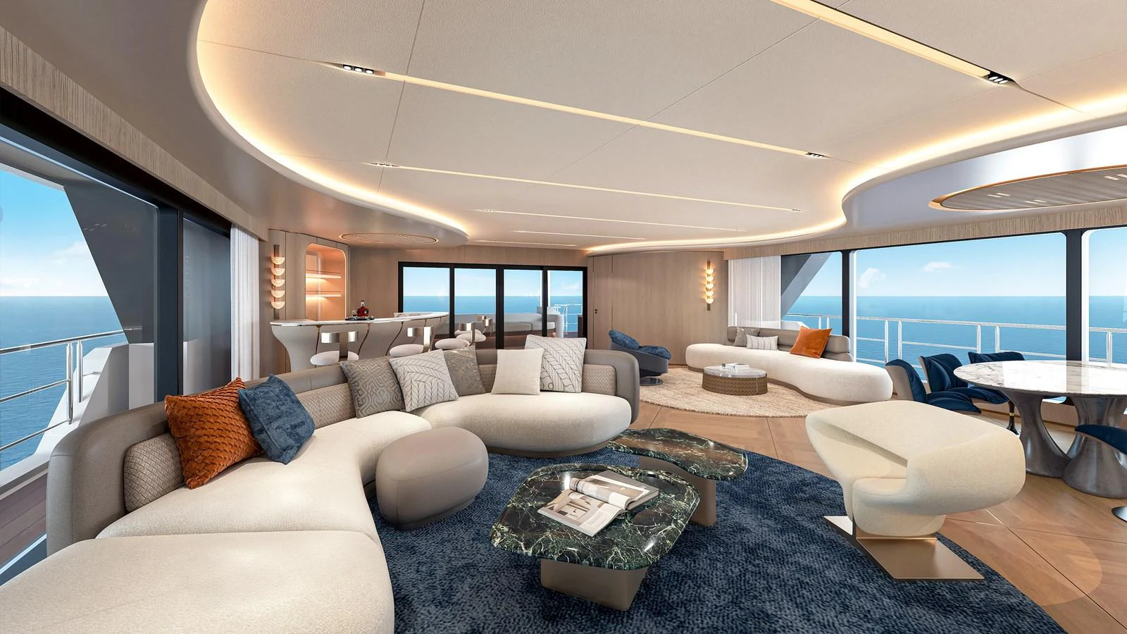 The yacht's salon features luxurious seating with panoramic ocean views. aboard CLC115 Yacht for Sale