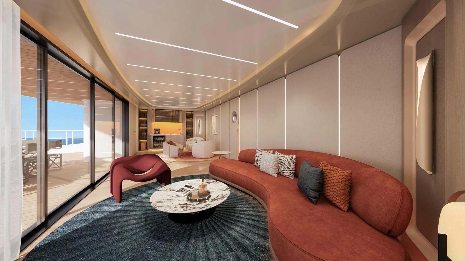 The salon features a modern design with a curved sofa, stylish chairs, and a large window offering a view of the deck. aboard CLC115 Yacht for Sale