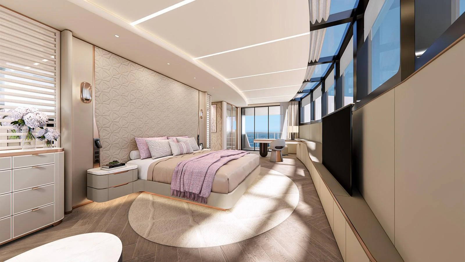 The master stateroom features a spacious bed, elegant decor, and large windows offering stunning views. aboard CLC115 Yacht for Sale
