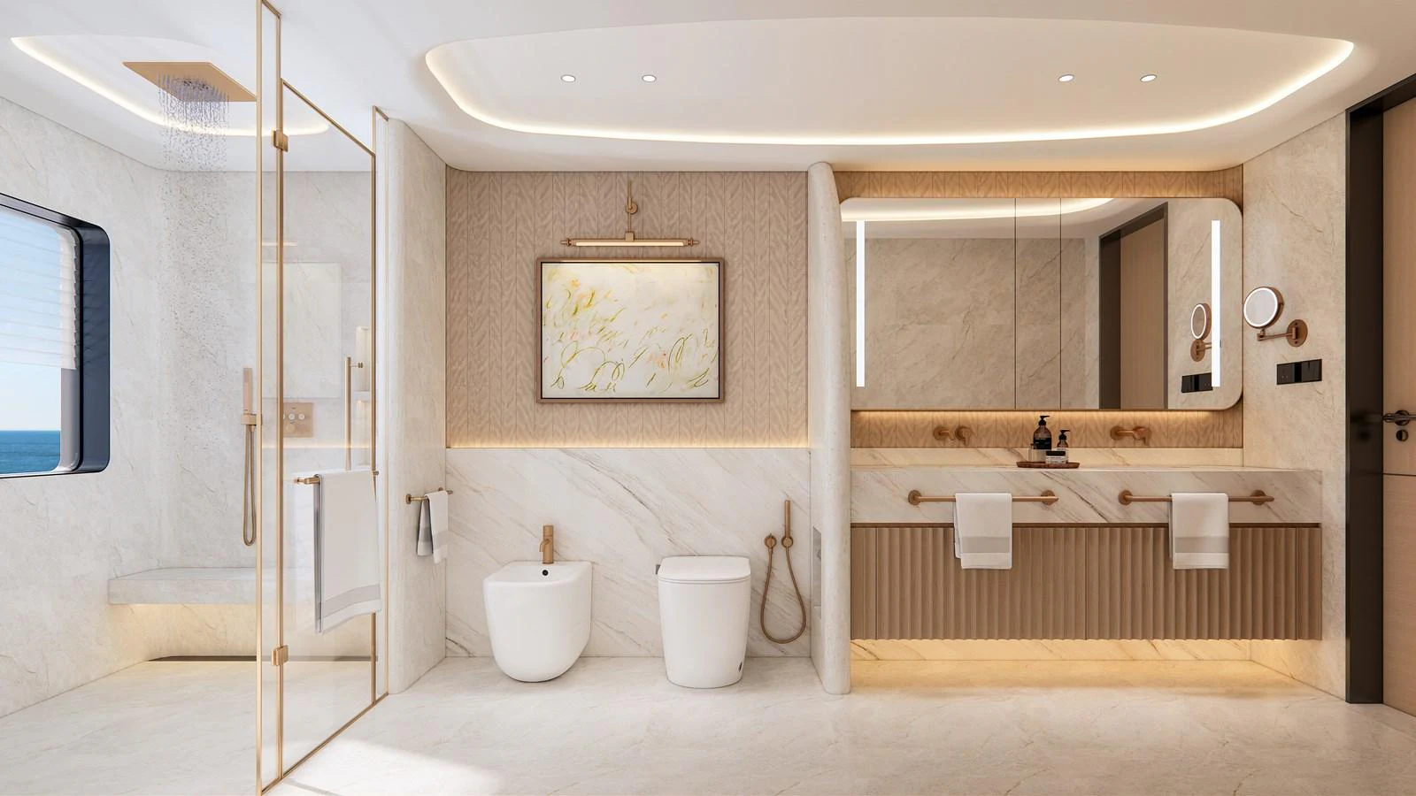 A luxurious yacht bathroom featuring a double vanity, modern fixtures, and a spacious shower area. aboard CLC115 Yacht for Sale