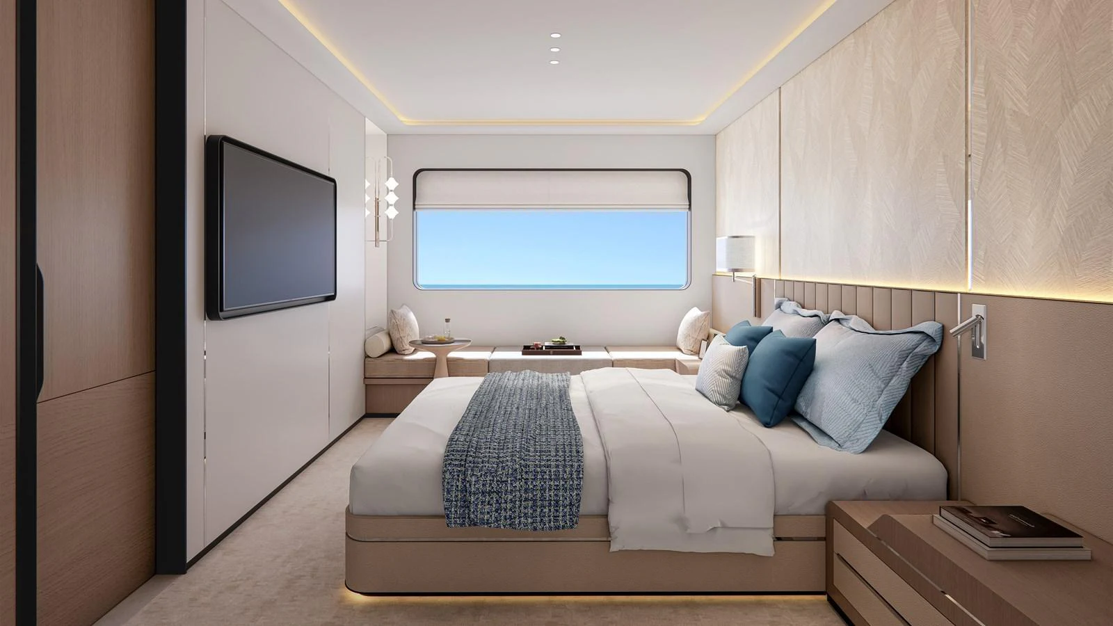 The master stateroom features a spacious bed, modern decor, and a large window with an ocean view. aboard CLC115 Yacht for Sale