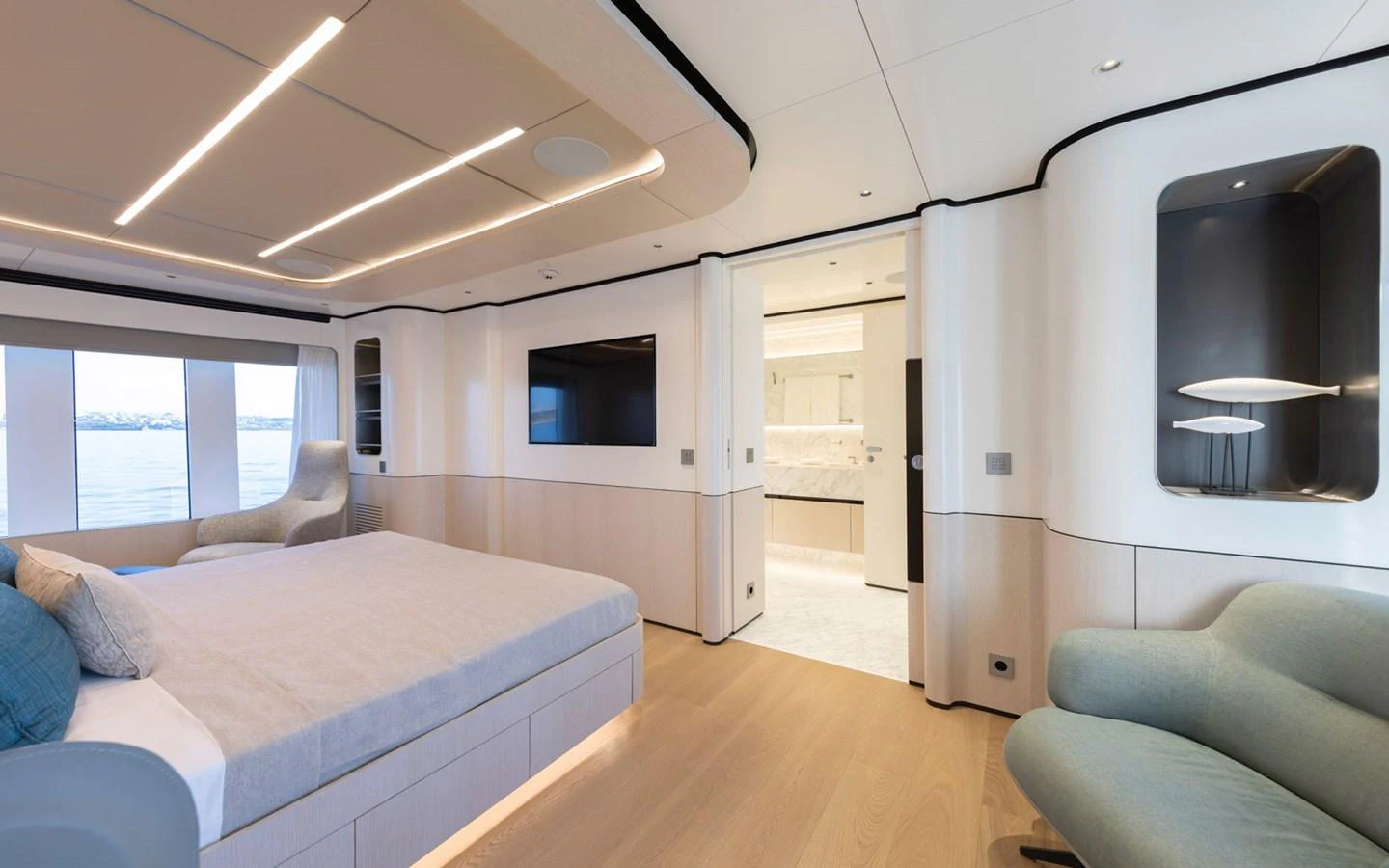 The master stateroom features a spacious layout with modern furnishings and ample natural light. aboard BEE EXPLORER YACHT Yacht for Sale