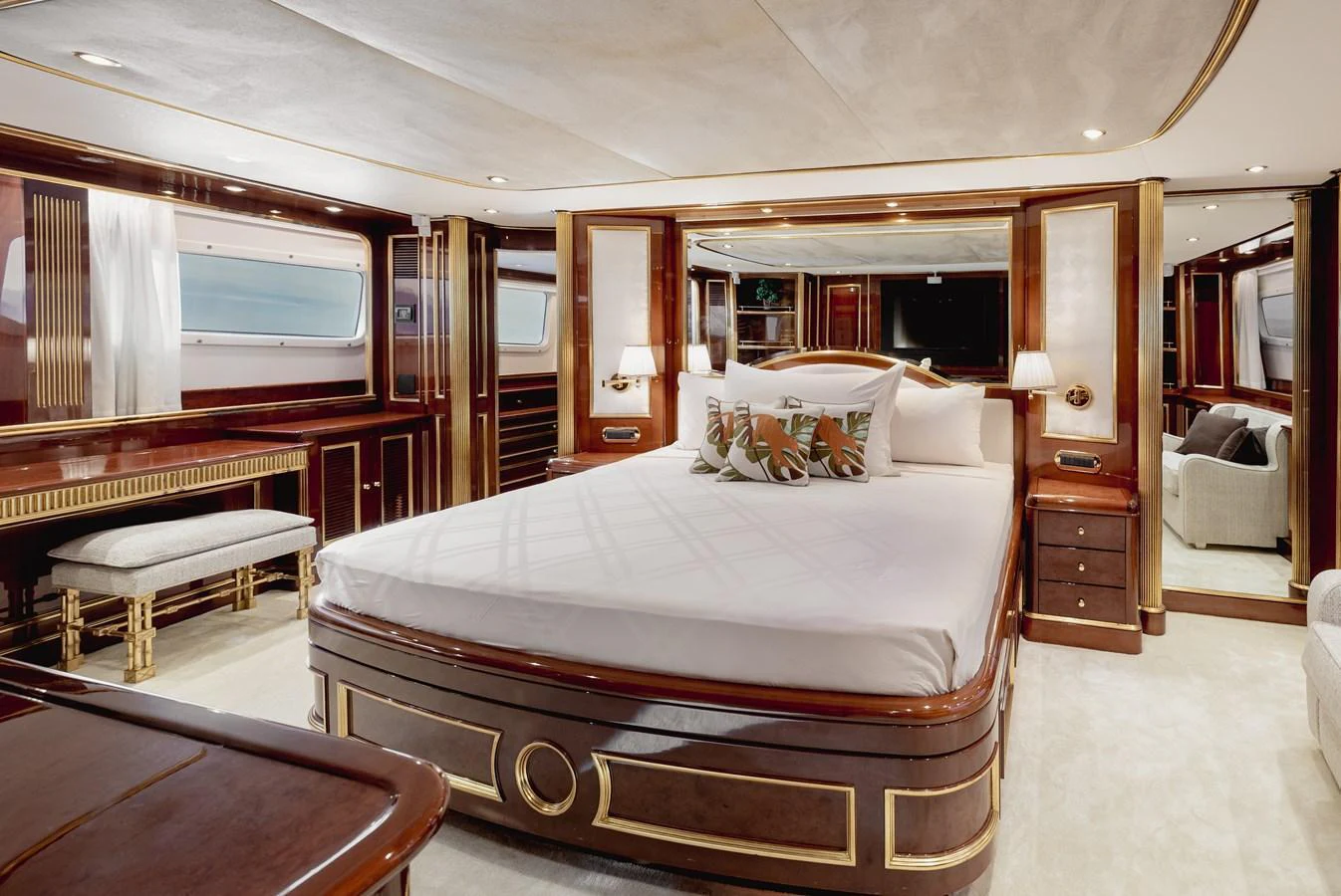 The master stateroom features luxurious wood finishes and elegant decor, creating a serene and opulent retreat. aboard HOSHI Yacht for Sale
