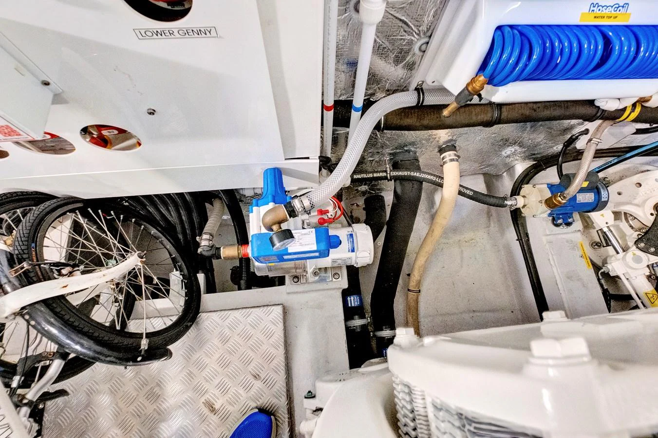 A detailed view of the yacht's engine room showcasing various mechanical components and equipment. aboard MISTY K Yacht for Sale