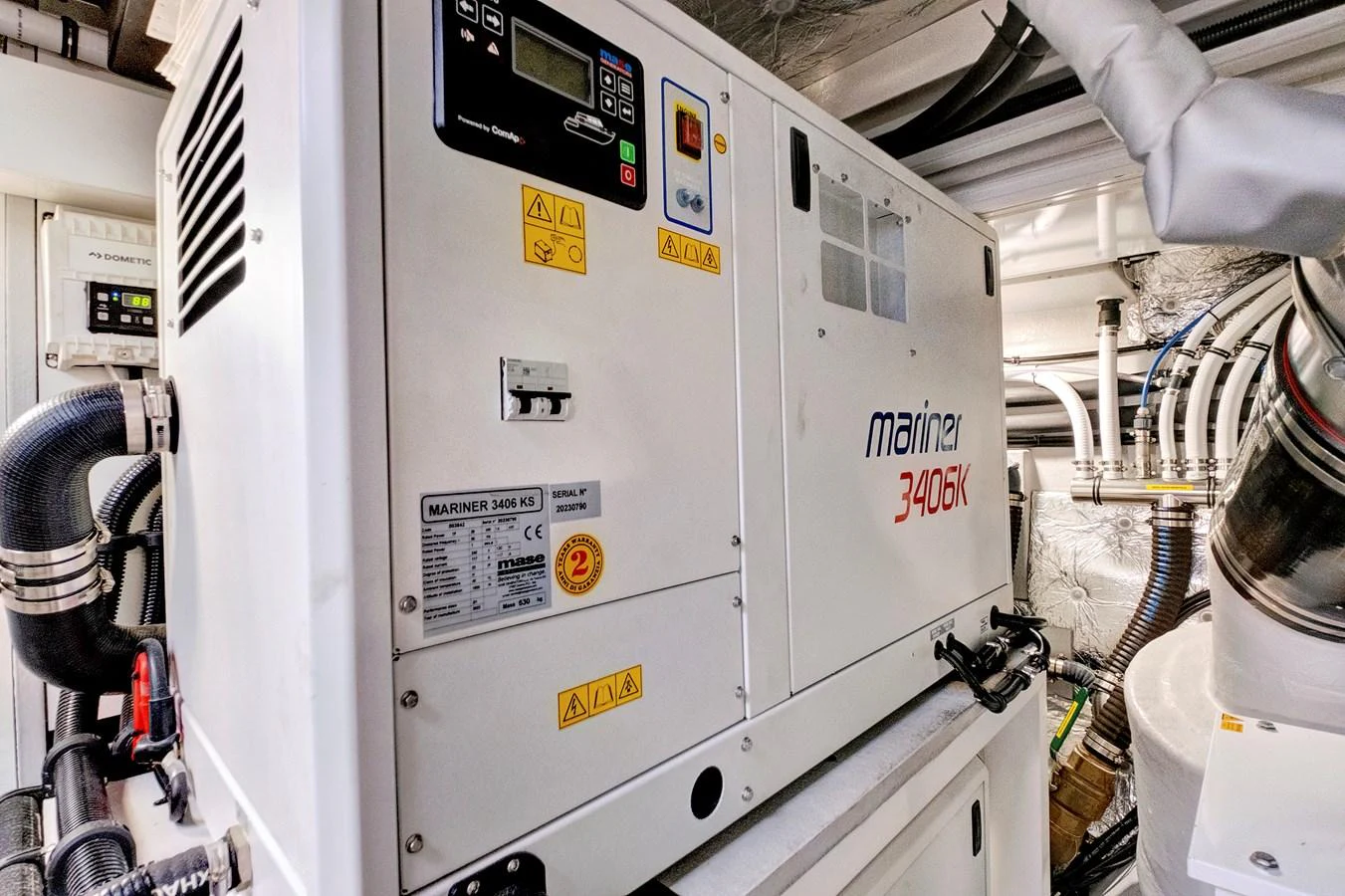 The image showcases the technical equipment within the yacht's engine room. aboard MISTY K Yacht for Sale