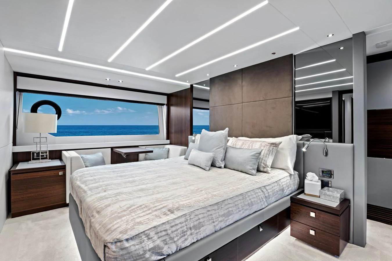The master stateroom offers a luxurious and serene retreat with a stunning ocean view. aboard MISTY K Yacht for Sale