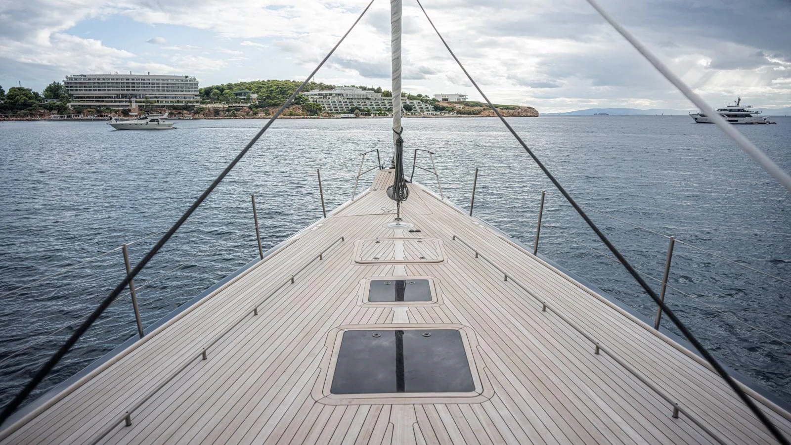 The foredeck of the yacht offers a spacious and sleek design, perfect for enjoying the open sea. aboard AUGUSTA WALLY Yacht for Sale