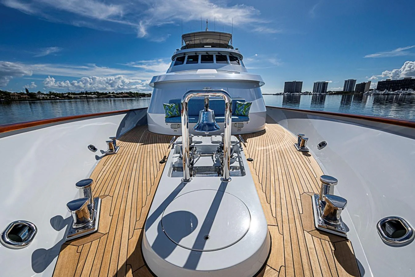 The yacht's bow features a sleek design with polished fittings and a spacious deck area. aboard PROBABILITY Yacht for Sale