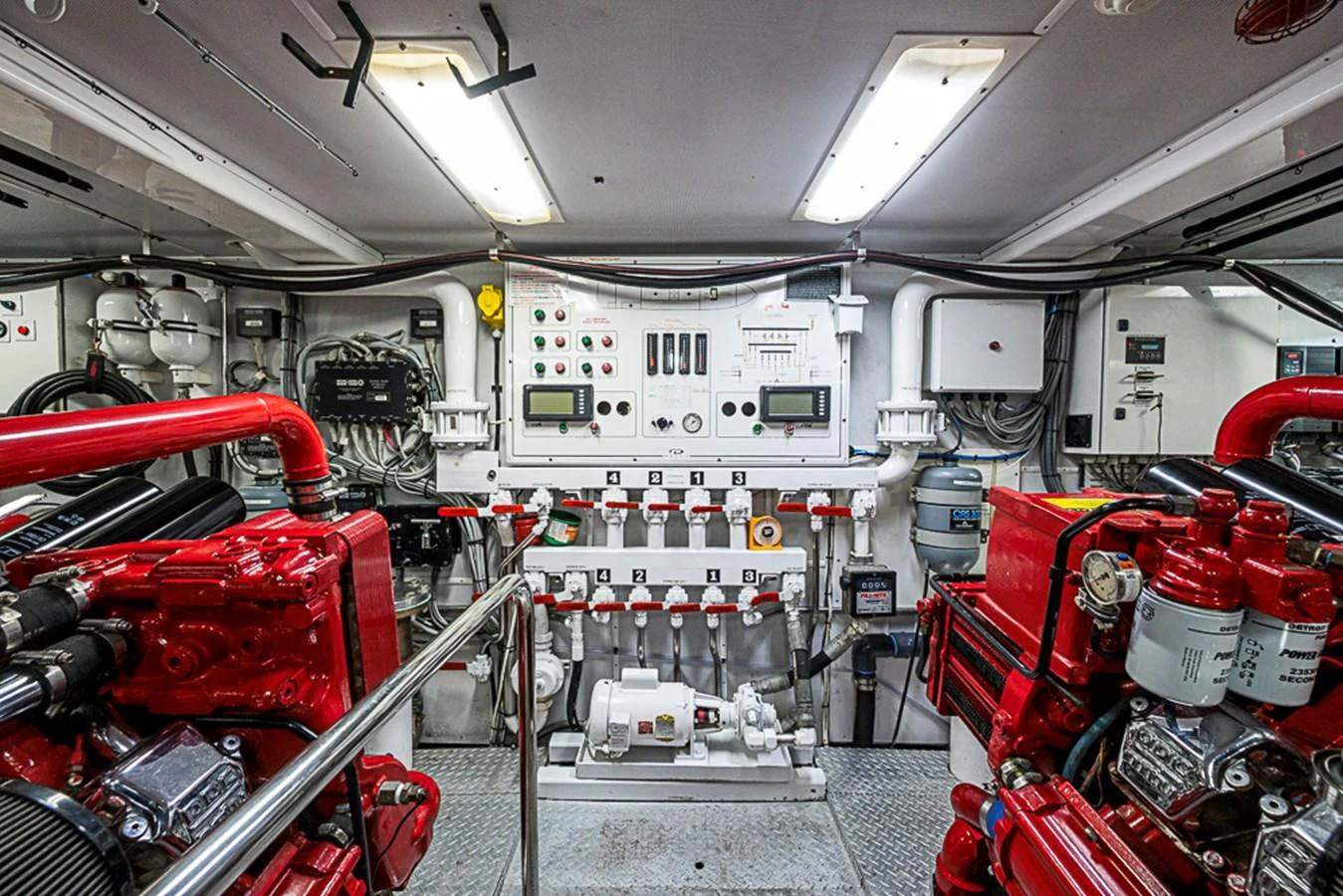 The engine room showcases the yacht's powerful and well-maintained machinery. aboard PROBABILITY Yacht for Sale
