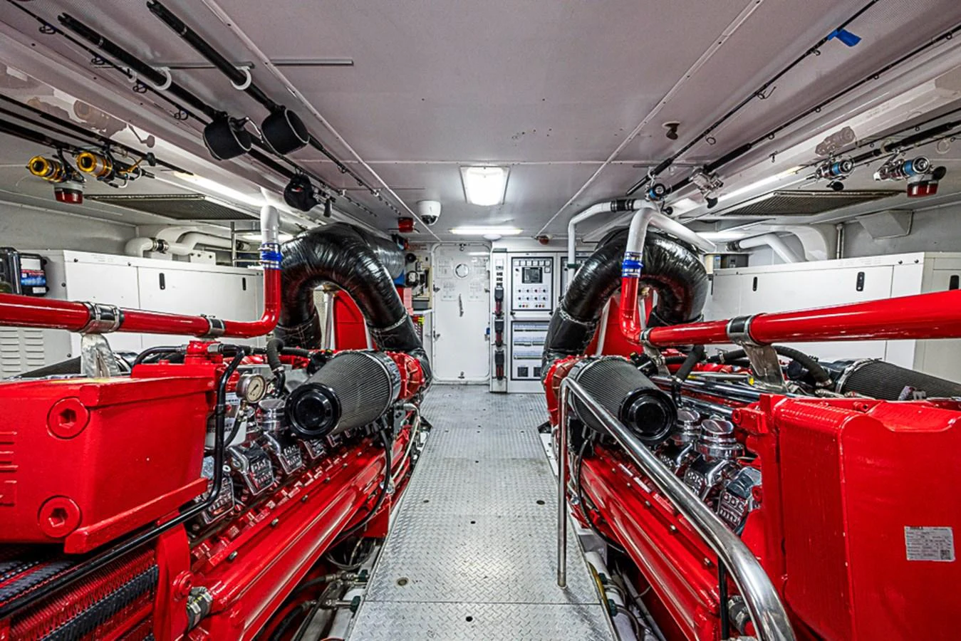 The engine room showcases powerful, meticulously maintained machinery. aboard PROBABILITY Yacht for Sale