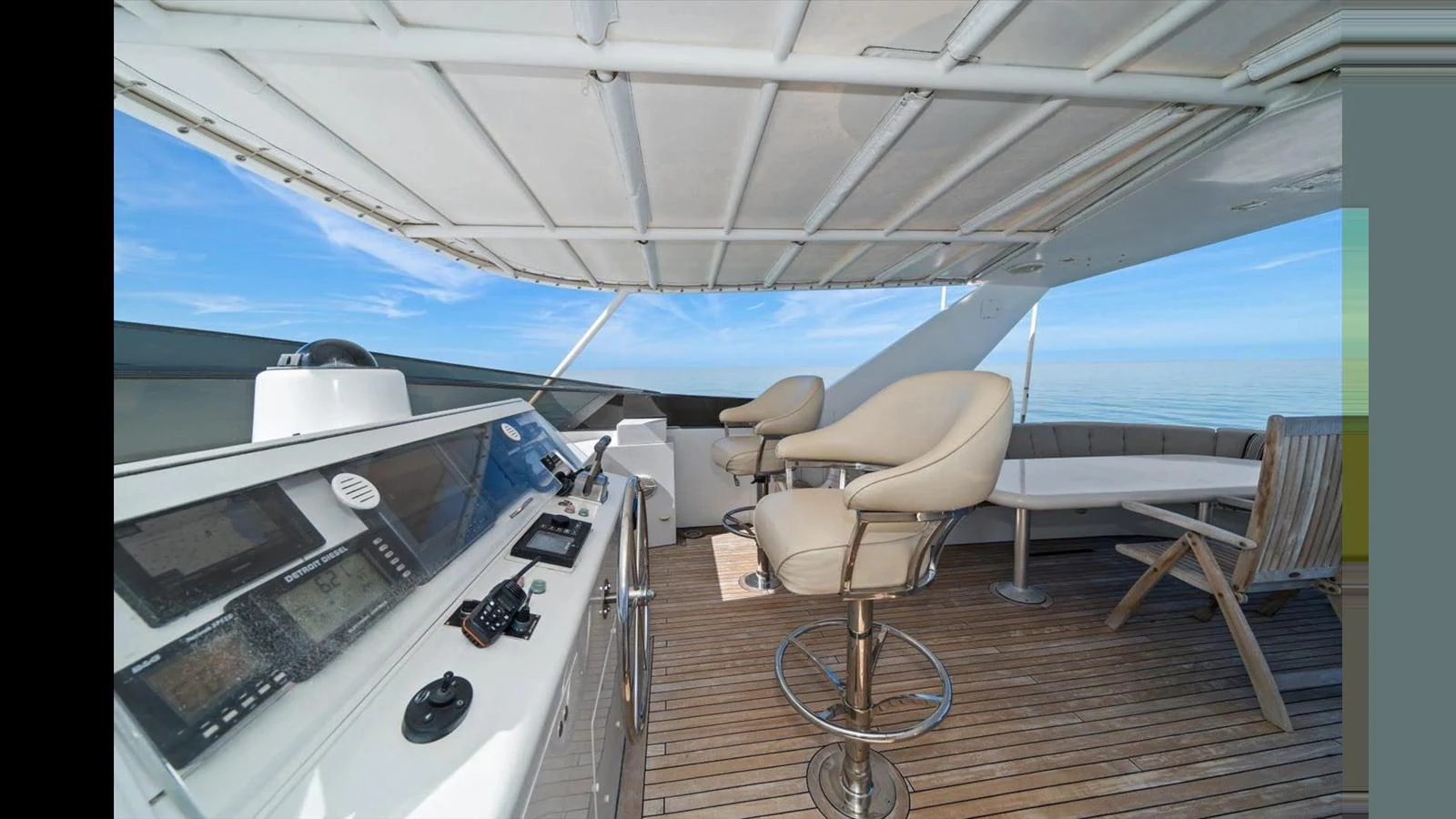 The flybridge offers a spacious and comfortable area with seating and navigation equipment under a protective canopy. aboard THINK B.I.G Yacht for Sale