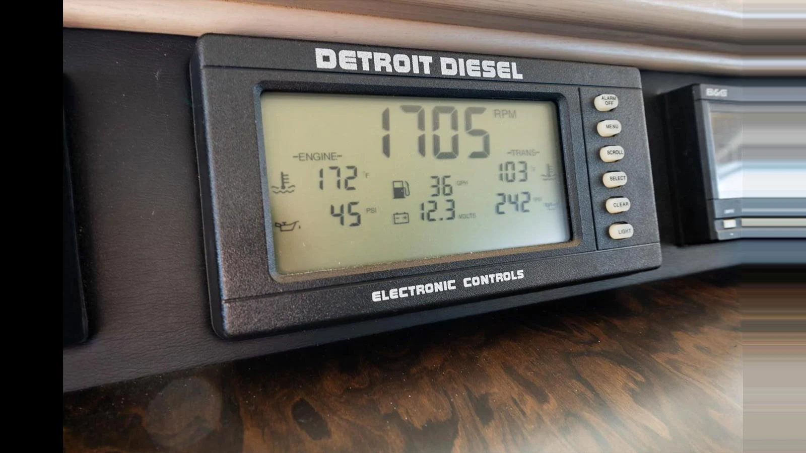 The image shows a close-up of the Detroit Diesel electronic engine control display. aboard THINK B.I.G Yacht for Sale