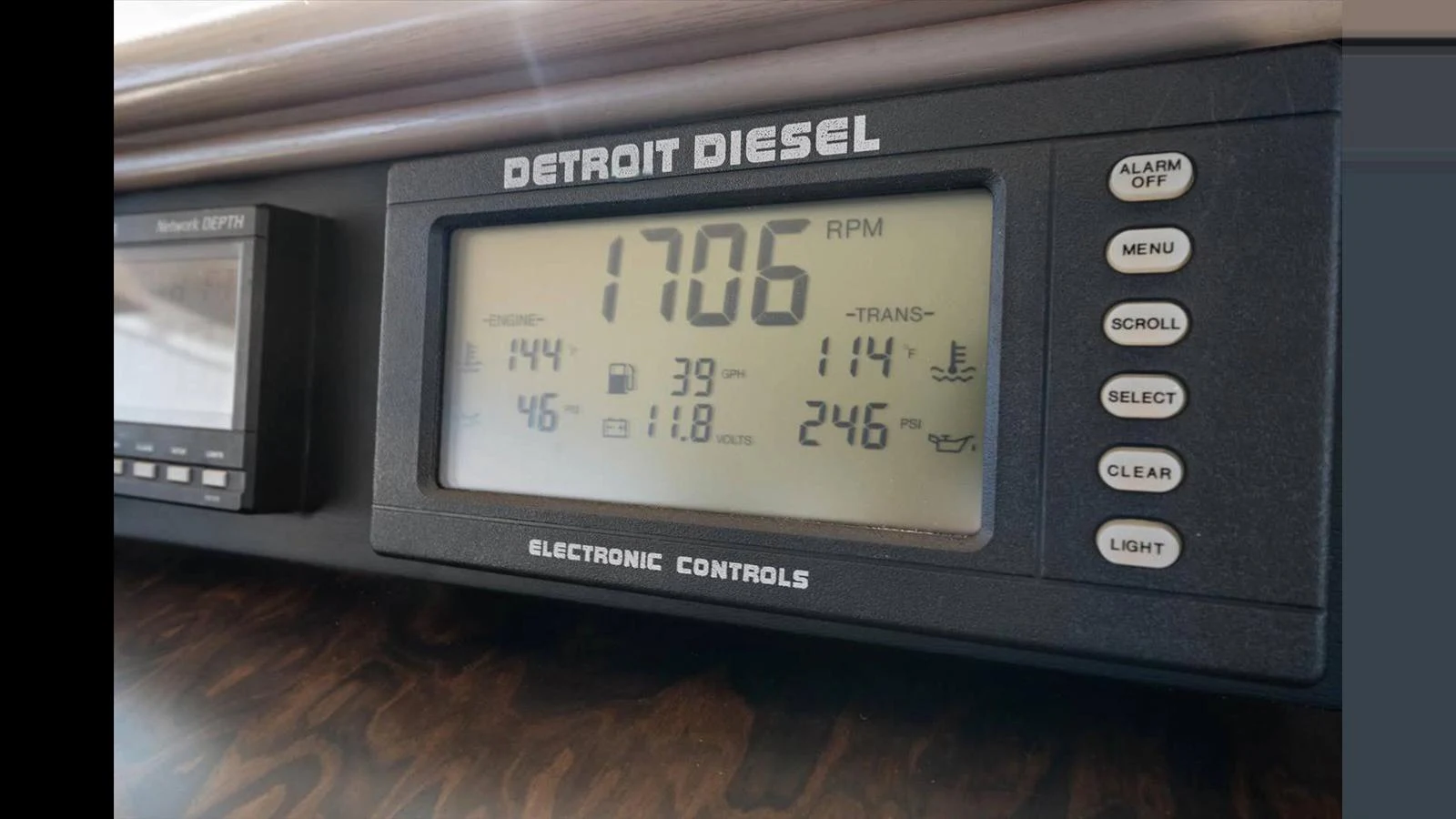 A close-up view of the Detroit Diesel electronic controls display on the yacht. aboard THINK B.I.G Yacht for Sale